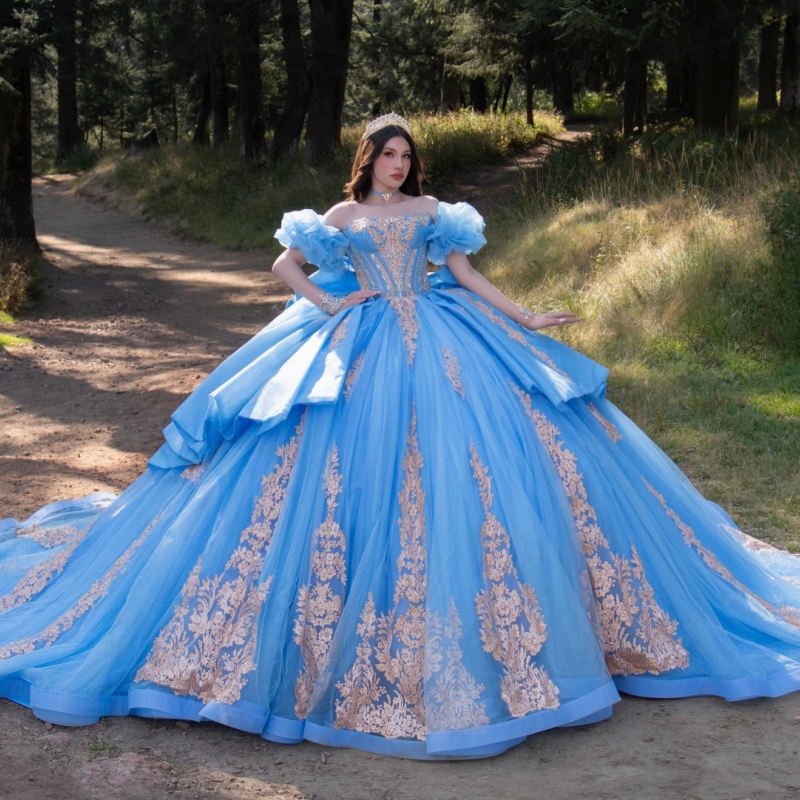 Blue Shiny Quinceanera Dresses Ball Gown Off The Shoulder Applique Lace Beading Crystal Bow Tull Corset Party Birthday Sweet 16 Dress Vestidos 15 De A