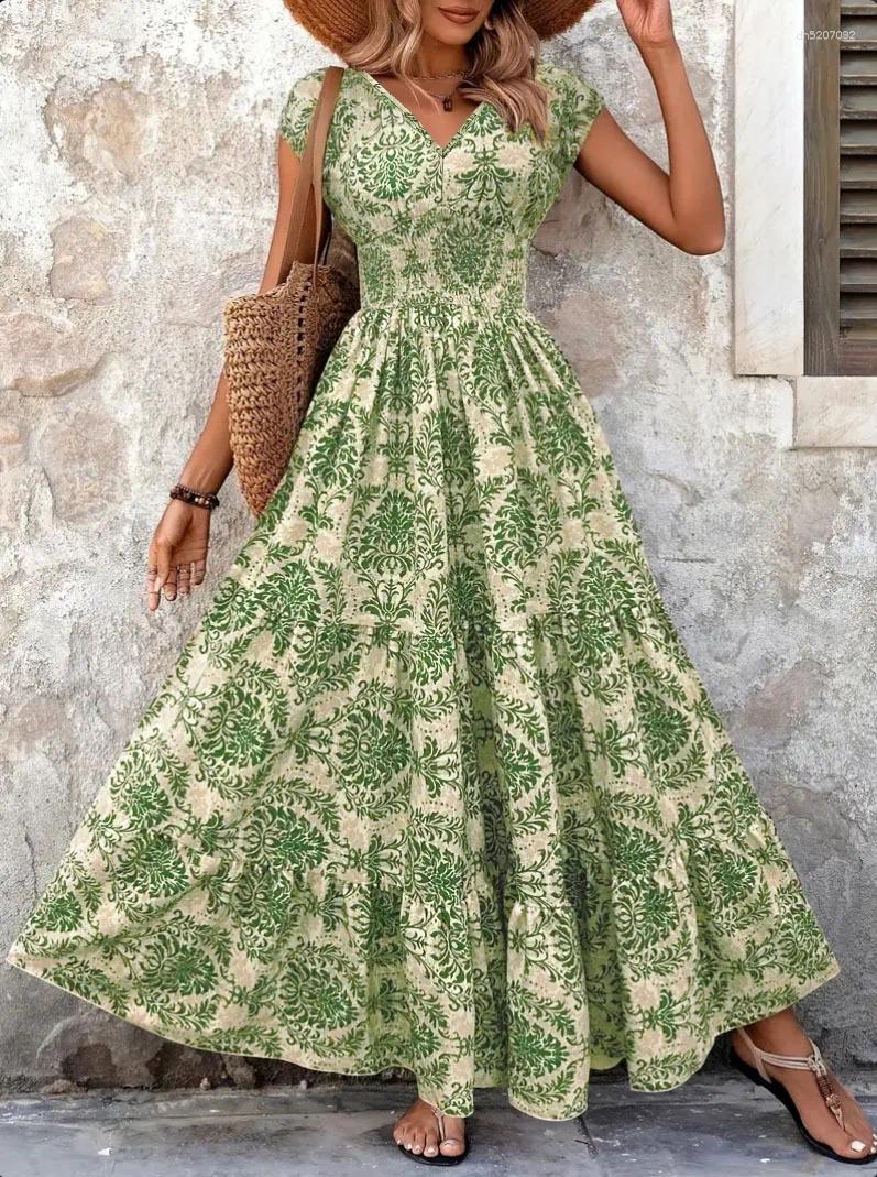 Casual Dresses 2026 Vintage Printed Dress Fashionable And Elegant V-neck Short Sleeved Jumpsuit Long Skirt Womens Clothing