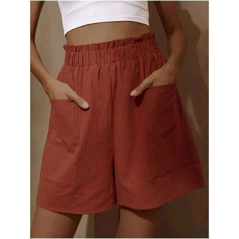 New Women's Shorts Cotton Hemp Blended High Waist Solid Color Casual Pocket Basic Fashion Summer Thin Pants XJ260305
