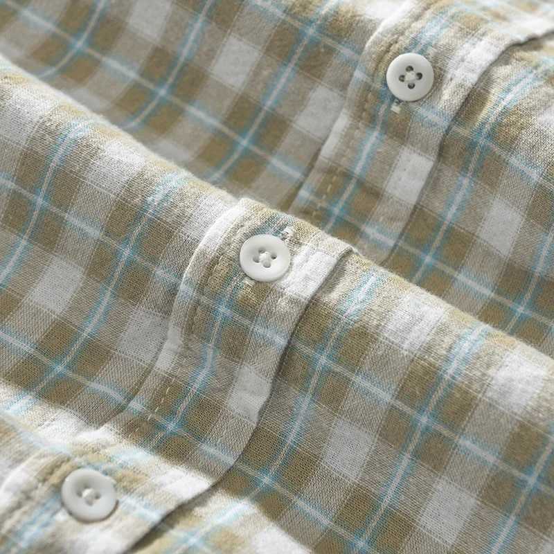 2026 Spring Autumn New Men Shirts Casual Plaid Long Sleeve Cotton Shirt Thick Retro Multi-pocket Blue Workwear M260305