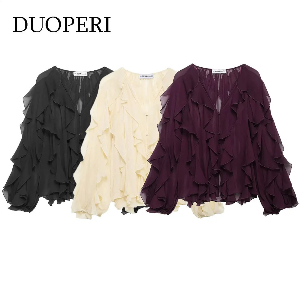 DUOPERI Women Fashion Solid Ruffled Blouse Vintage VNeck Long Sleeves Female Chic Lady Shirts 260228