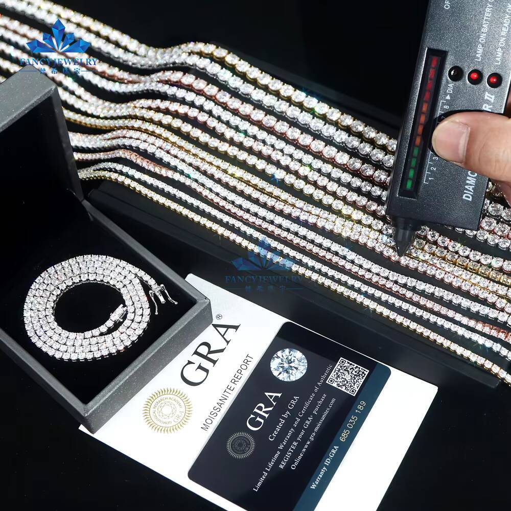 Trendy High Polished 925 Silver White Gold 2-65mm Round VVS Moissanite Diamond Tennis Chain Necklace Hip Hop Fashion for Girl