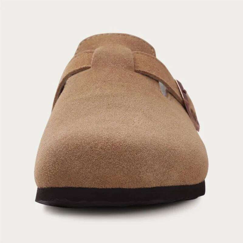 Kidmi New Genuine Cow Suede for Women Men Clogs Soft Cork Footbed Mules Leisure House Shoes with Arch Support Beach Slides