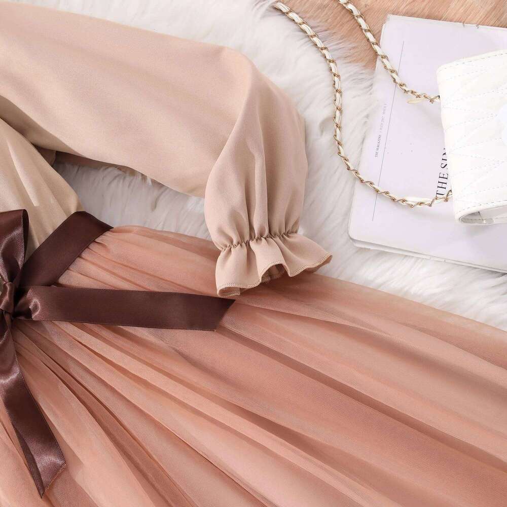 Girls' long sleeved lapel solid color mesh dress with woven waistband Z260304