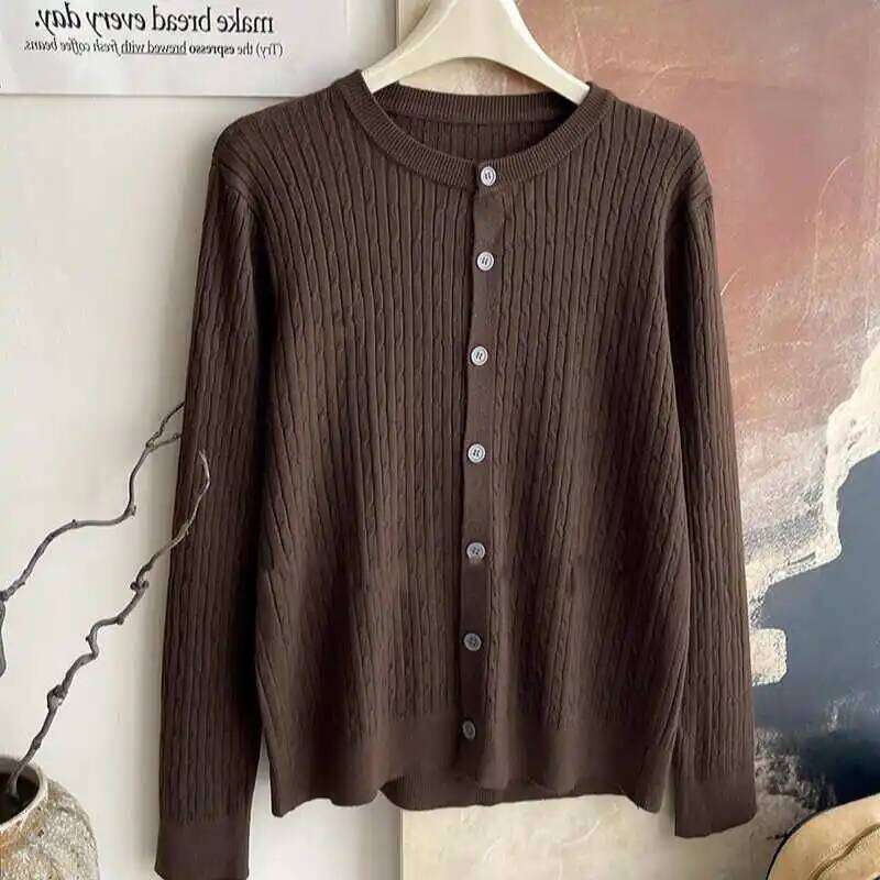 2026 Pure Color Long Sleeve Single Breasted Knitted Sweater Autumn Winter Women's Crew Neck Cardigan New Casual Versatile Tops XJ260305