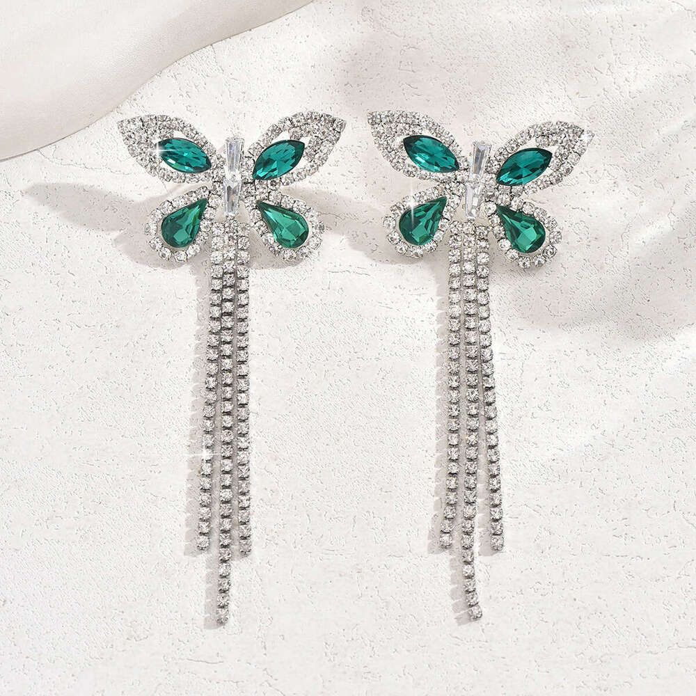 European American Light Luxury Full Diamond Butterfly Tassel Earrings Women's Stud And Drop Earrings