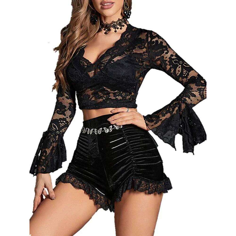 Goth Velvet Ruched Black Shorts Pants Gothic Mall Women High Waist Sexy Girl Grunge Skinny Bottoms Lace Hem Alt Clothes Short XJ260305