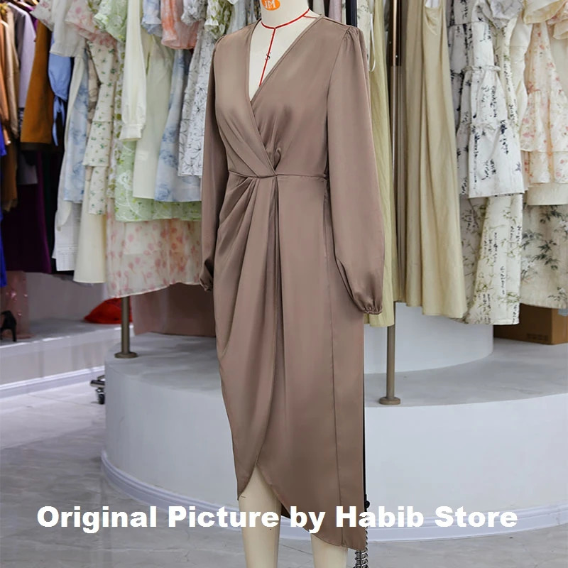 Women Long Dress Elegant Round Neck Satin Sleeve Office Lady Midi Slim Evening Party Dresses Sexy Chic Robe 260302