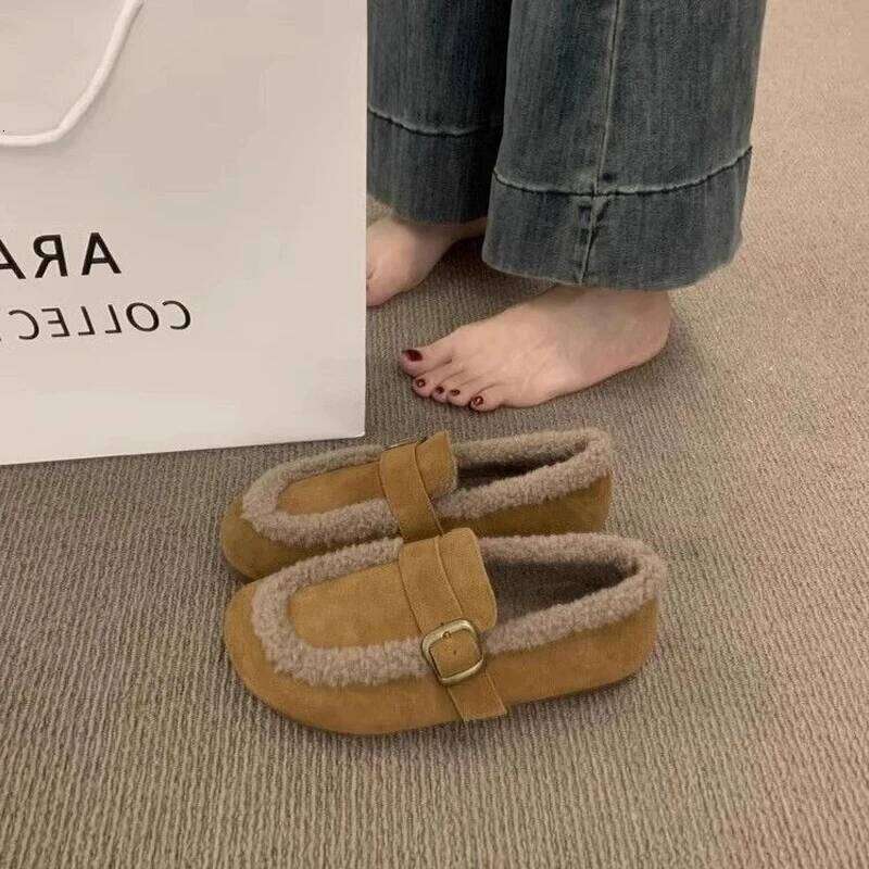 Kidmi New Suede Retro Fleece-Lined Loafers Autumn Winter Warm Slip-on Soft Soled Ladies Women's Cotton Shoes