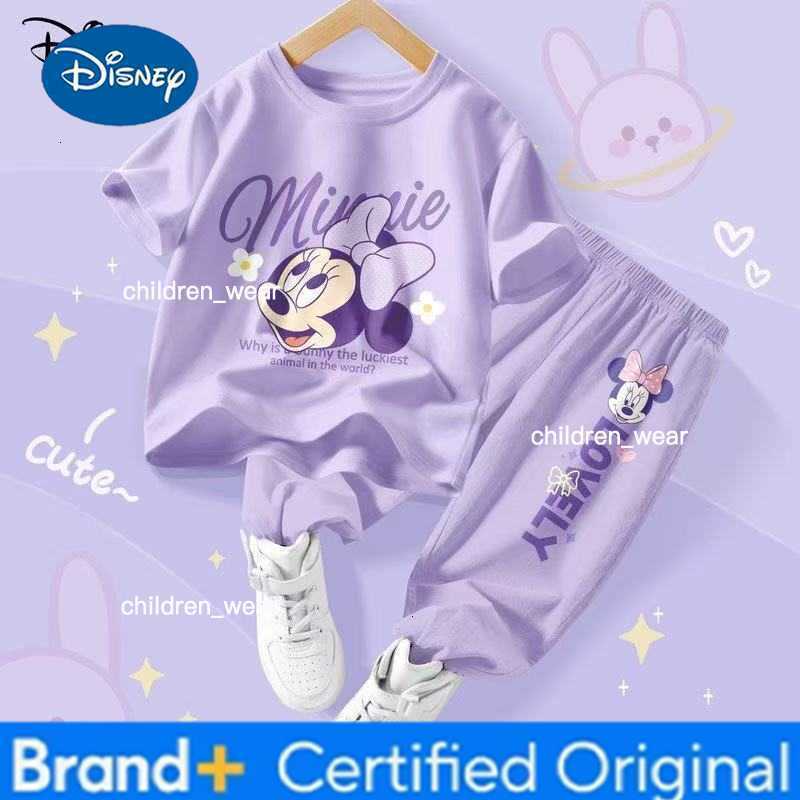 Disney Summer Baby Girl Clothes Set Children Minnie Cartoon Printing O-Neck T-shirt and Pants Two Pieces Suit Cotton Tracksuit H260305