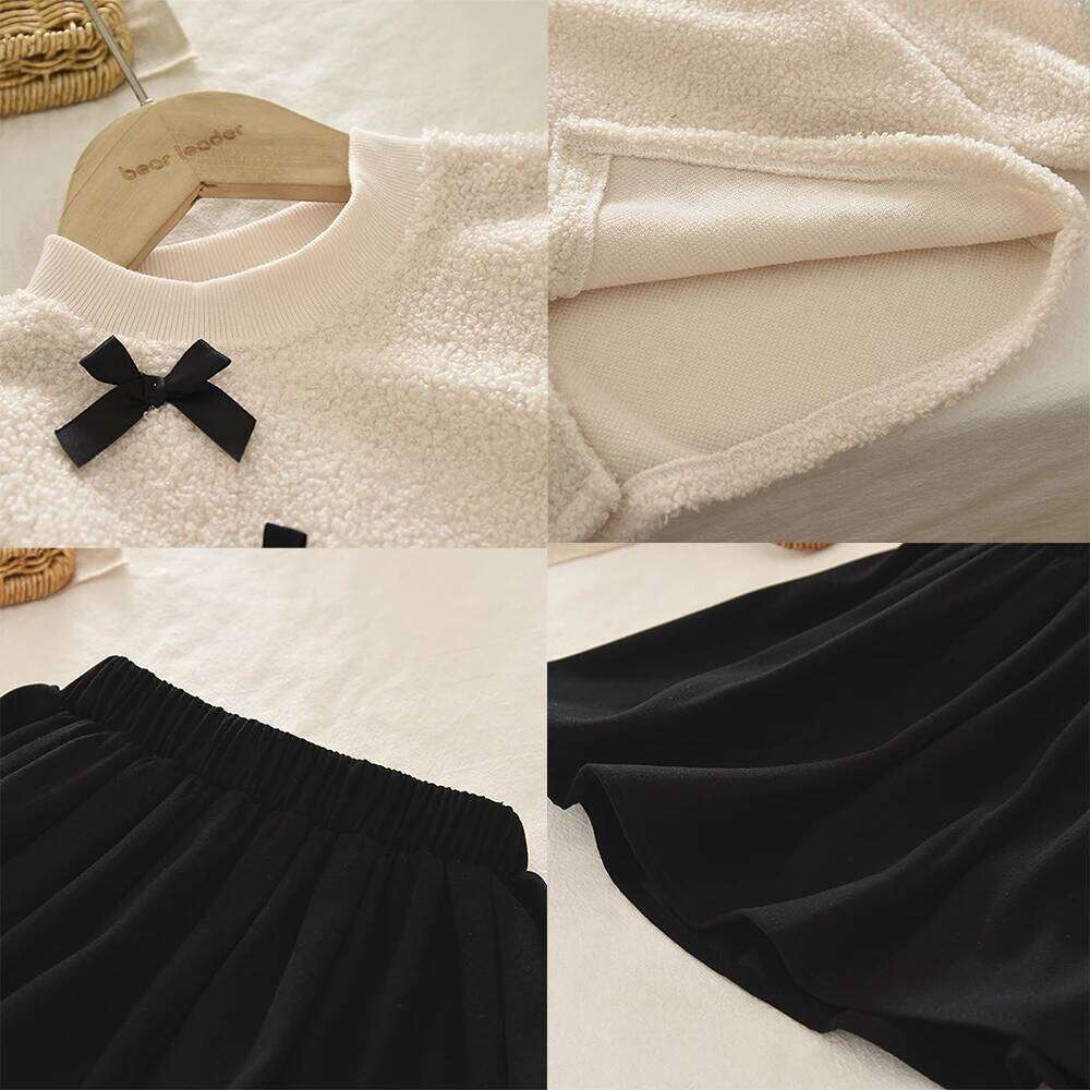 Bear Leader Autumn Winter Korean Version Beige Girls' Set Casual Kids Clothes Bow Fleece Long Sleeved Top + Black Short Skirt Z260304