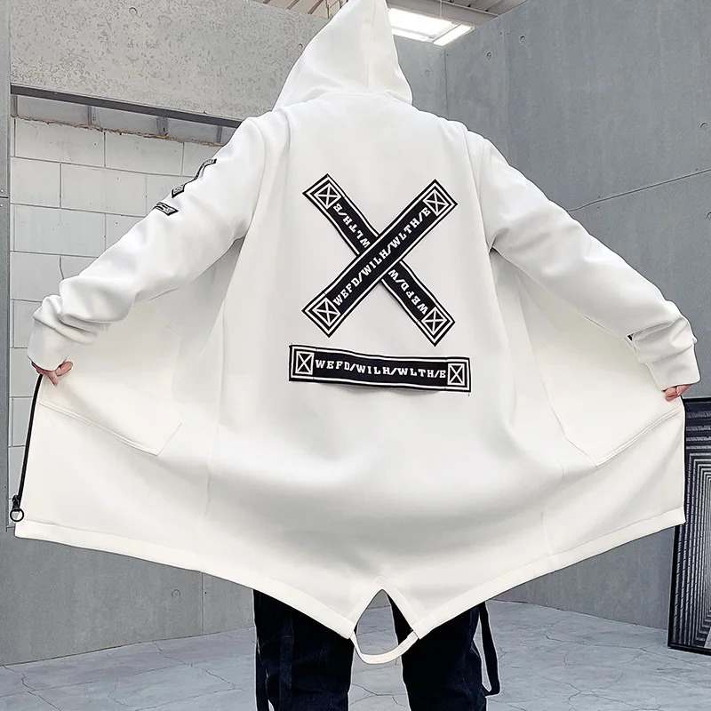 2026 Fashion Printed Mens Trench Coat Streetwear Hooded Harajuku Windbreaker Slim Fit Ribbons Outwear 260302