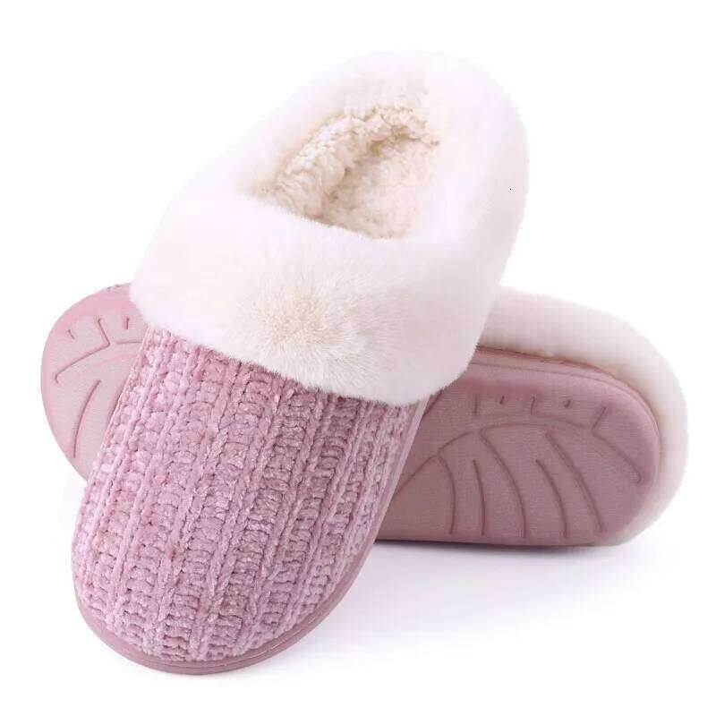Kidmi Women Fleece Lined Warm House Cotton Slippers Non-slip Cozy Fluffy Plush Knit Slides Casual Memory Foam Bedroom Flat Shoes