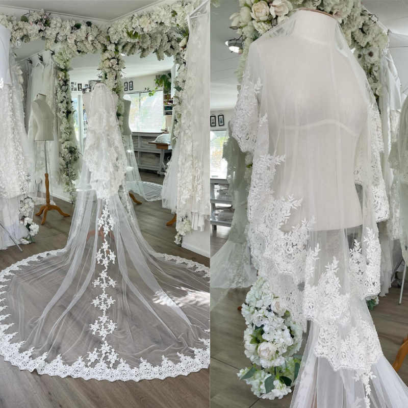 Princess Lace Appliques Edge Bridal Veils Long Cathedral Length One Layer Wedding Veils Customized Velo De Novia