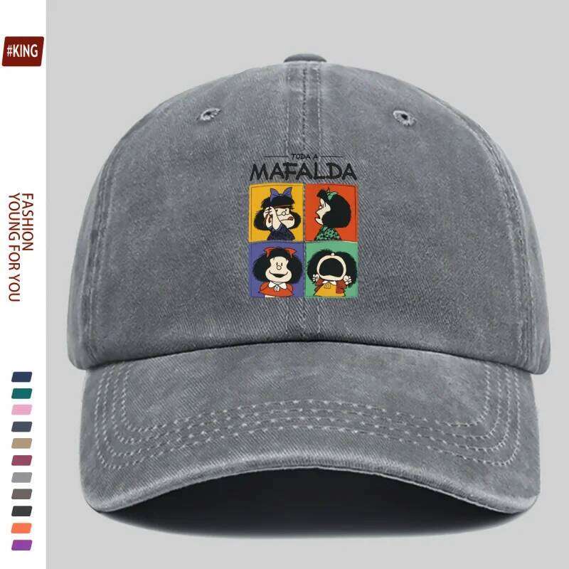 Simple Cartoon Four-Grid Printed Washed Vintage Soft Top Sunshade Unisex Versatile Baseball Cap Y260304