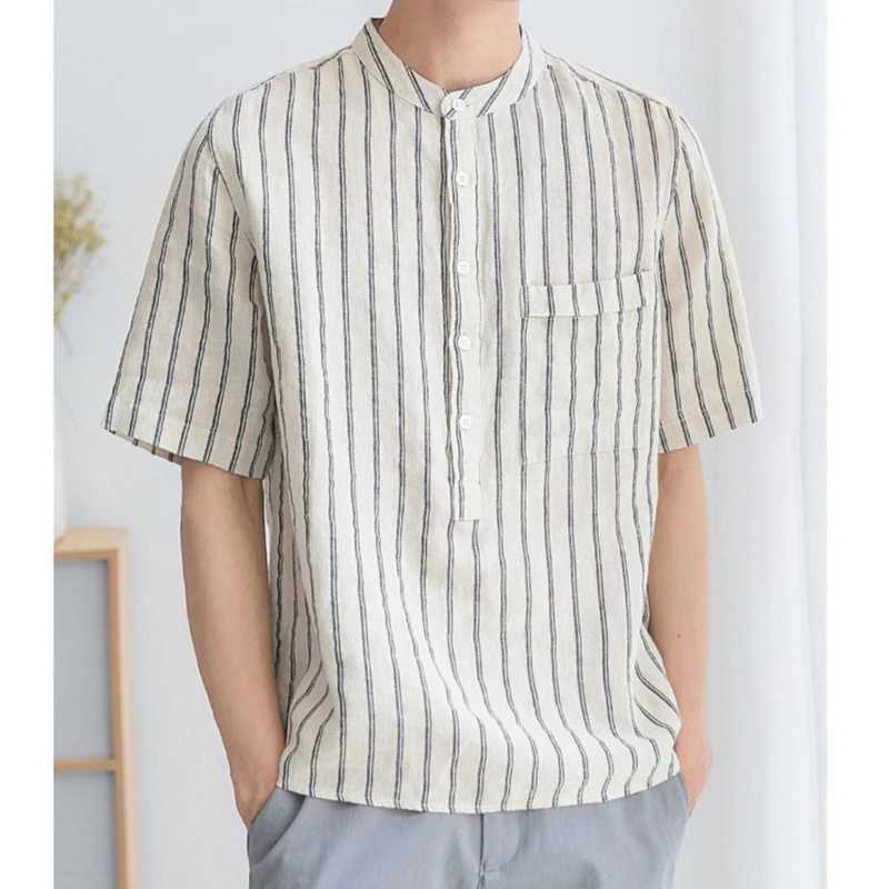 Men Clothing Trendy Japanese Style Vintage Striped Print Short Sleeve Shirt Summer Simple Casual Stand Collar Loose Cotton Tops M260305