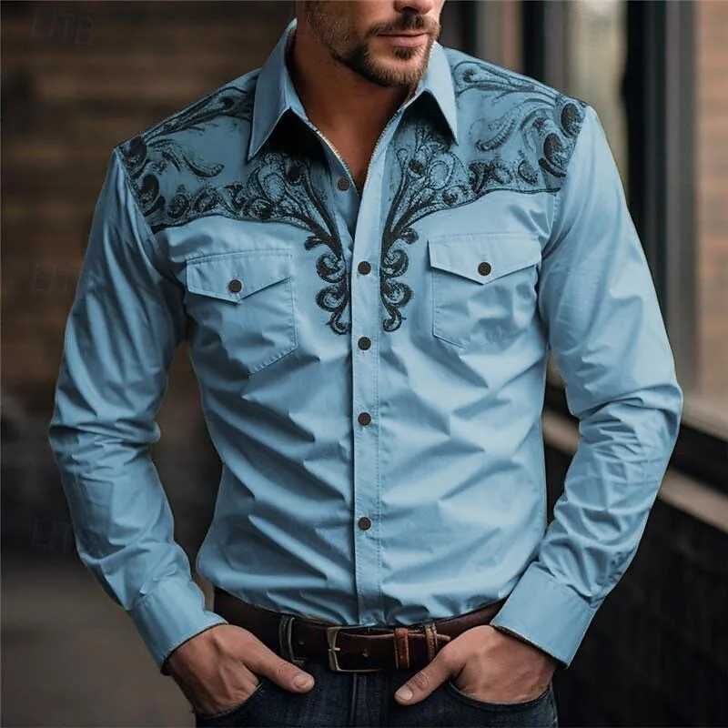 New Mens Long Sleeve Shirt 3D Vintage Print Casual Fashion Western Style Cowboy Style Mens Flap-Collar Shirt M260305