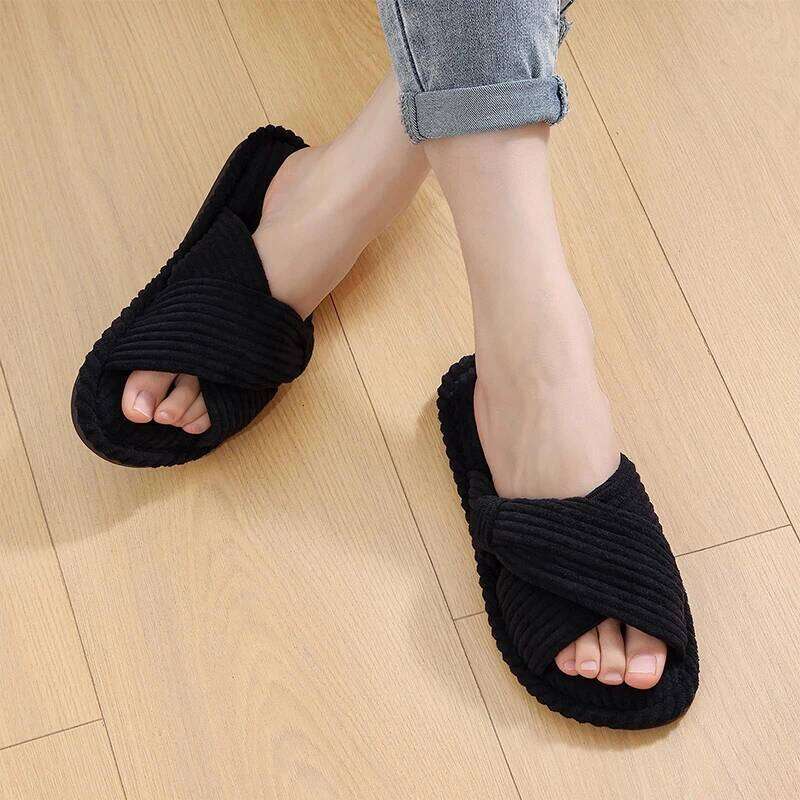 Kidmi House Corduroy Cross Bow Outdoor Slippers Fashion Open Toe Slip On Bedroom Shoes with Memory Foam for Women
