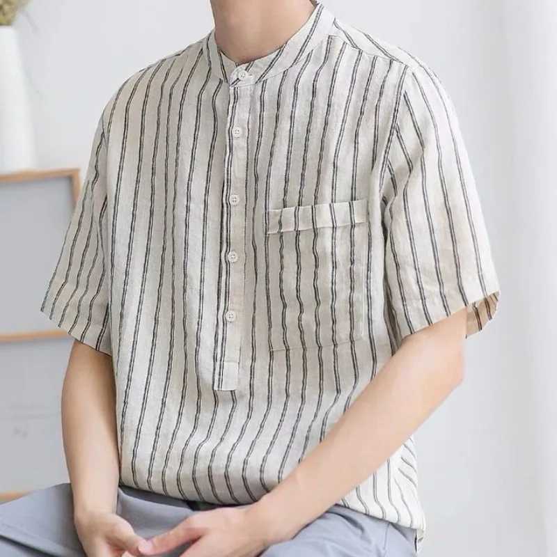 Men Clothing Trendy Japanese Style Vintage Striped Print Short Sleeve Shirt Summer Simple Casual Stand Collar Loose Cotton Tops M260305
