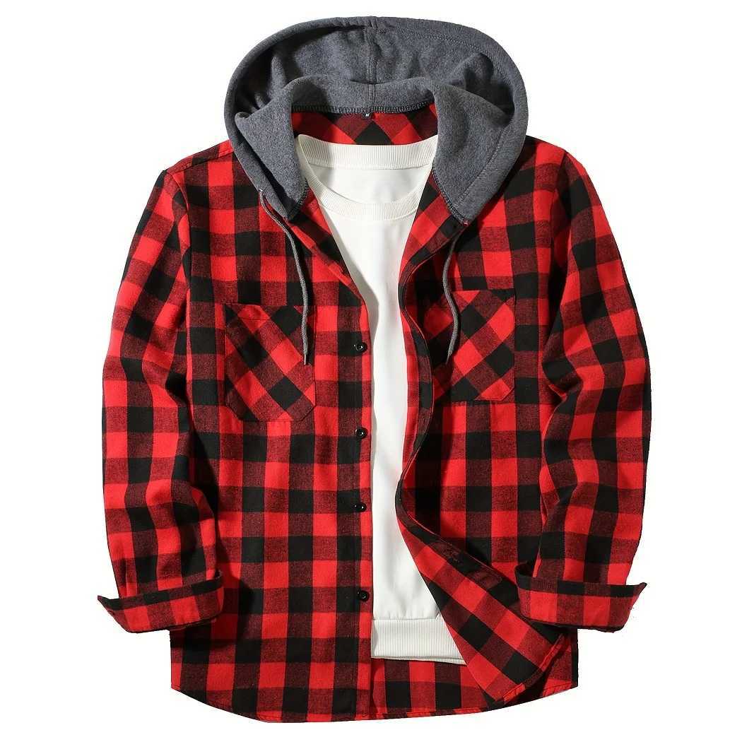 Mens Shirts Classic Plaid Casual Button Down Hooded Long Sleeved Double Pockets Shirt Hoodie Flannel Jacket Spring Autumn Tops M260305