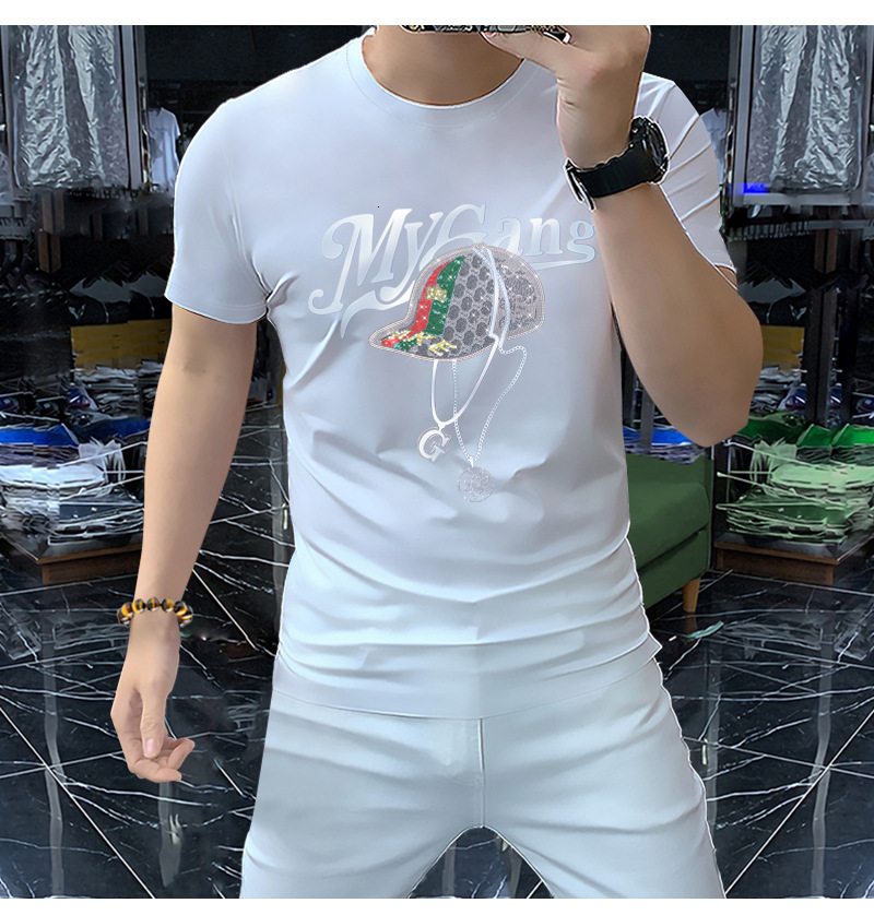 New Brand Fashionable European Style Short Sleeved T Shirt With Rhinestone Cap Round Neck Comfortable Breathable Short Sleeved Shirt Apparel Fashion T