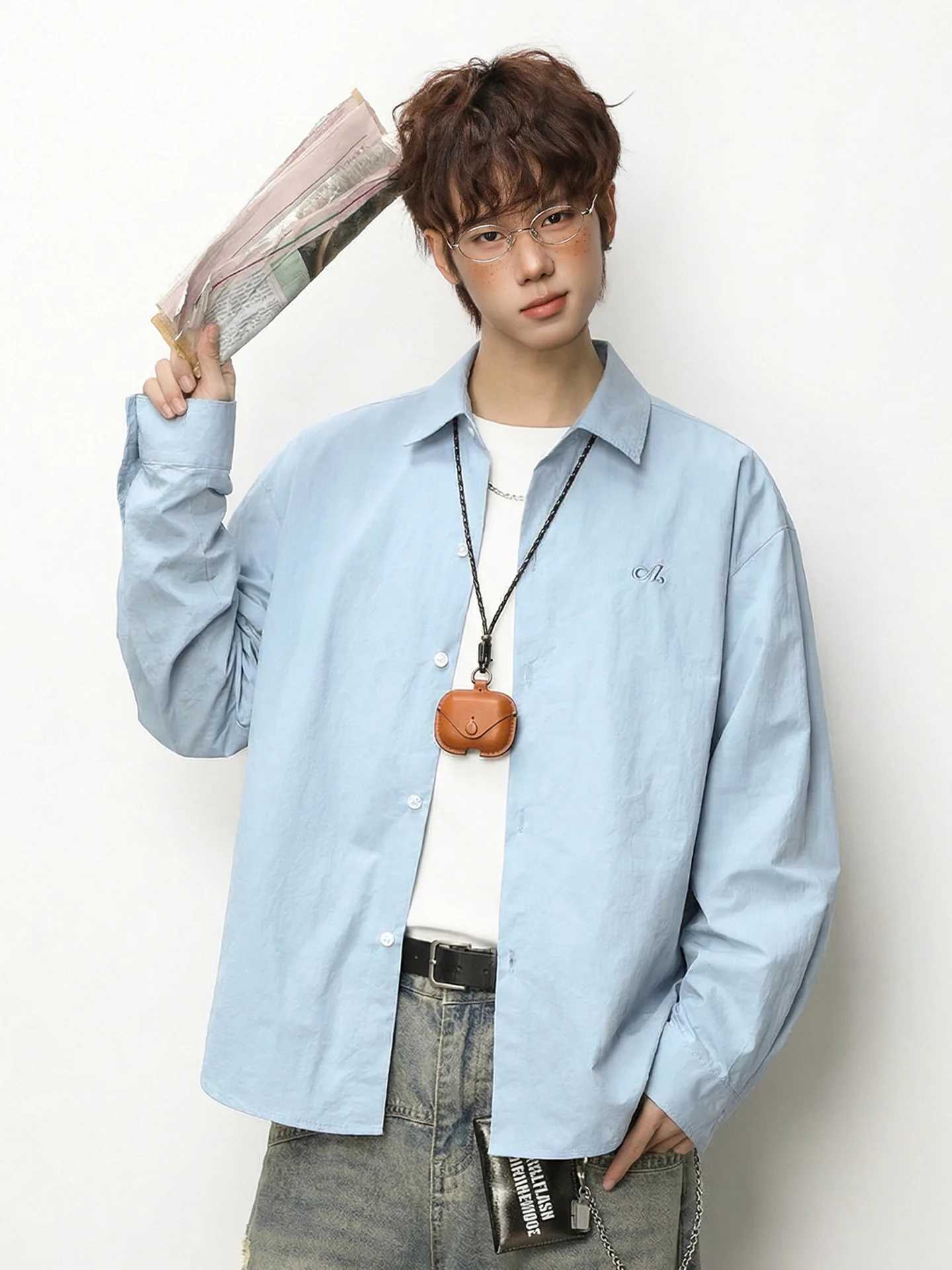 Pleated Long-Sleeved Shirt for Men Solid-Coloured Loose-Fit Shirt Jacket Soft and Versatile Outerwear Shirt M260305