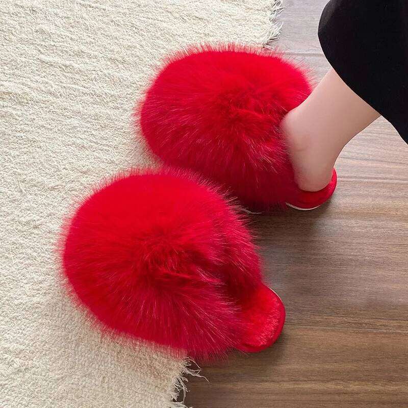 Faux Fur Fluffy Slippers For Women Indoor Street Slides Solid Color Warm Plush Girls Fashion House Shoes Anti-slip Big Size 42
