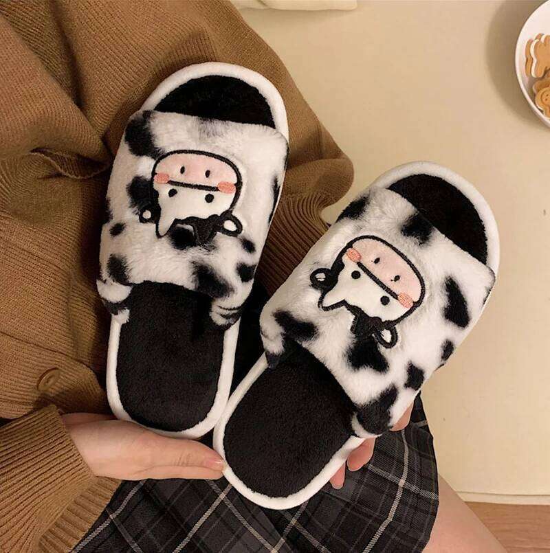Kidmi Indoor for Women Fashionable Cute Cartoon Plush Cow Cotton Slippers Autumn and Winter Student Light Slides