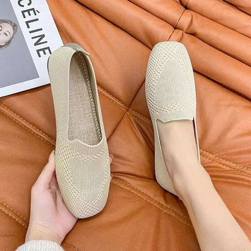 Spring and Autumn Fashion Leisure Women's Flat Square Toe Knitting Elastic Comfortable Slip-on Boutique Shoes