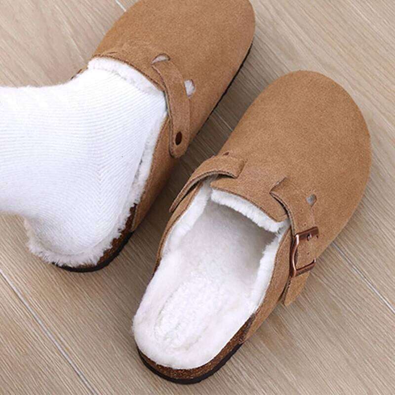 Kidmi Women's Slippers with Adjustable Metal Buckle Fashion Fur Lined Suede Clogs Cork Footbed Mules Slip On Winter Potato Shoes