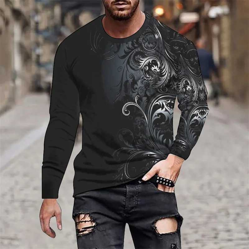 Golden Stripes Pattern T-Shirt For Men Flower Starry Sky 3D Printed T Shirts Autumn Casual Long Sleeves Loose O-Neck Tops Tees M260305
