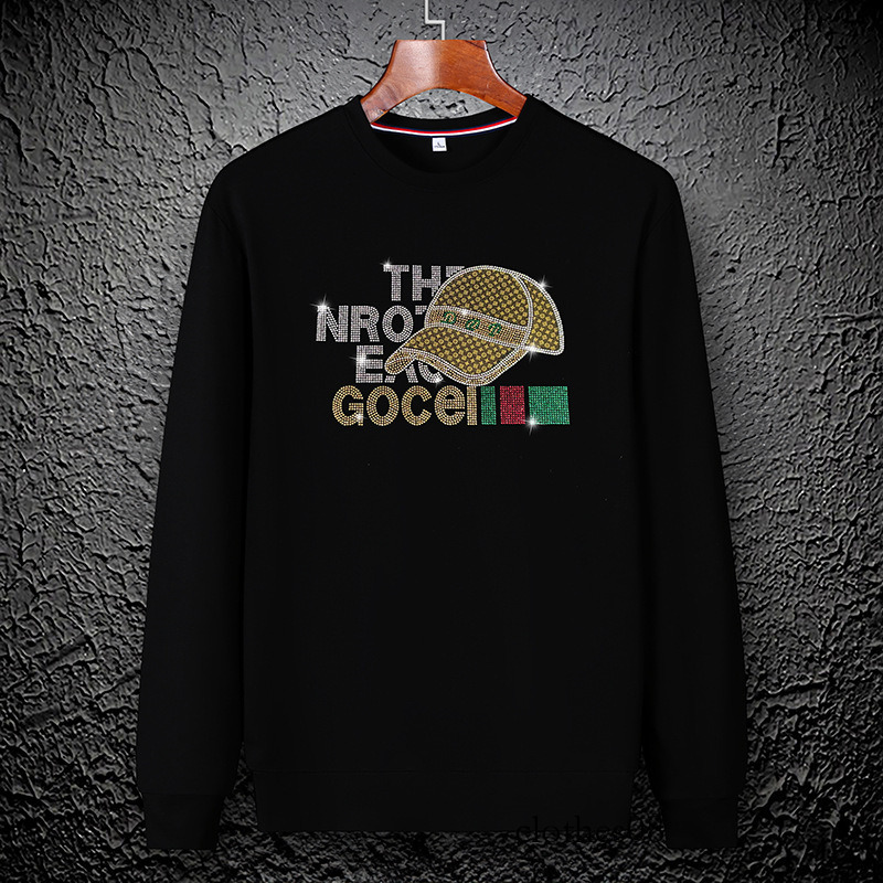 European Style Autumn Winter Sweatshirt Round Neck Fleece Trendy Men's Versatile Light Luxury Youth Heavy Craft Rhinestone Inner Shirt Long Sleev