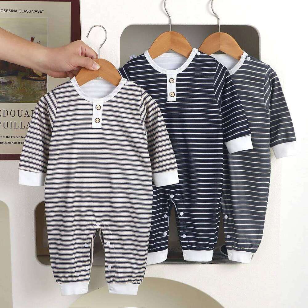 Somenie Unisex Baby Long-Sleeved Romper Suit Boys' Round Neck Striped Onesie Clothing Girl Infant Outfit Trend 1-3-6-9-12-24M Z260304