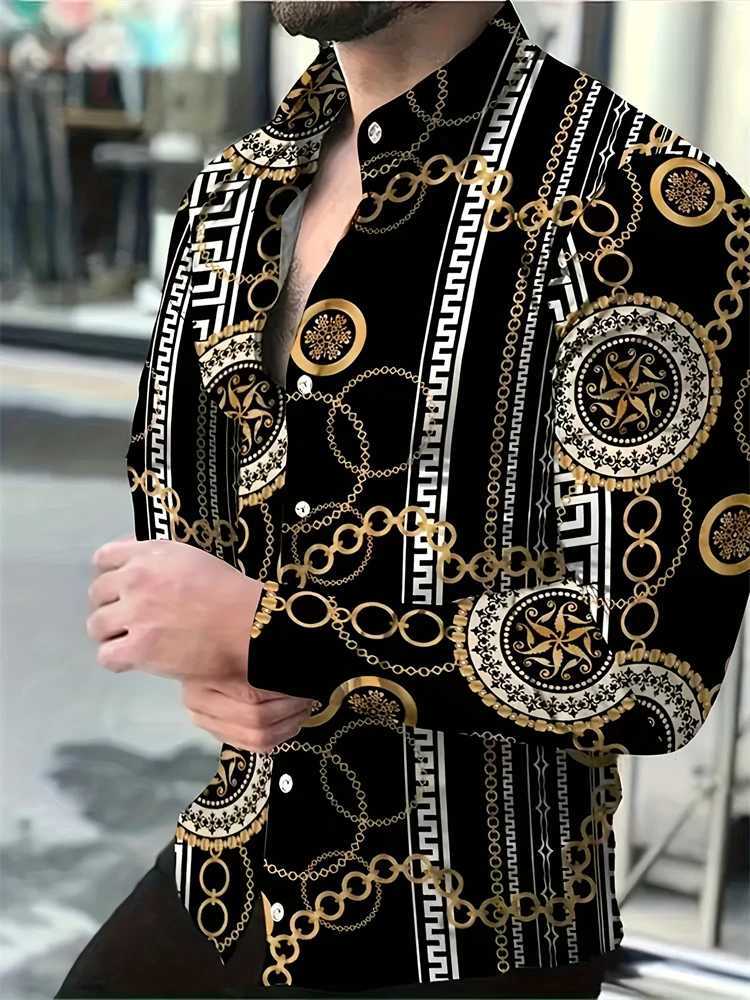 2025 New Hawaii Shirt Gold Pattern Shirt Mens Fashion Casual Shirt Long-sleeved Lapel Temperament Shirt Mens Clothing M260305