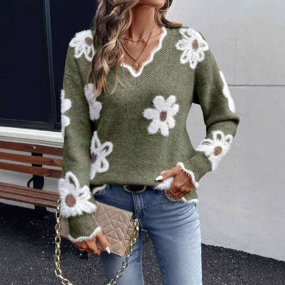 Women Invierno Herbst Mode New Autumn Sweaters V-neck Jacquard Long-sleeved Versatile Knitted Pullover Sweater Maglione Da Donna XJ260305