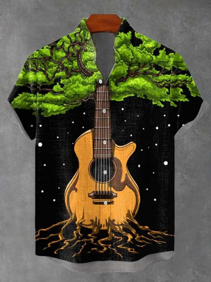 Musical instrument pattern print fashionable mens short sleeved shirt loose top outdoor street casual and comfortable M260305