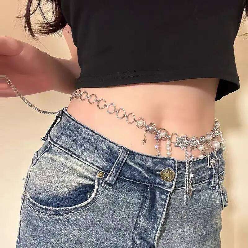 New Korean Shiny Rhinestone Star Pentagram Waist for Women Bling Crystal Pearl Chain Tassel Belt Body Chian Y2K Jewelry S260304