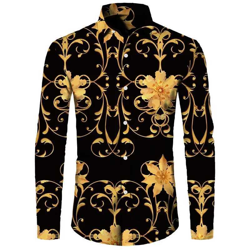 New 2024 Golden Flower Chain 3D Print Men Long Sleeve Shirt Casual Mens Designer Clothing Streetwear Lapel Button Shirts M260305