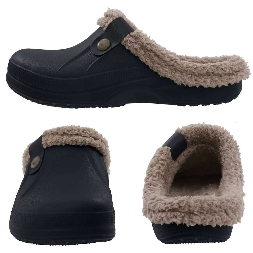Kidmi Women Fur Clogs Slippers Fashion Fuzzy Garden Outdoor Waterproof House Winter Antiskid Work Men Shoes