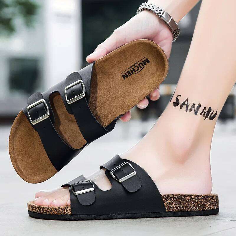 Kidmi Footbed for Women Summer Beach Double Buckle Slip-On Nonslip Men Cork Sandals