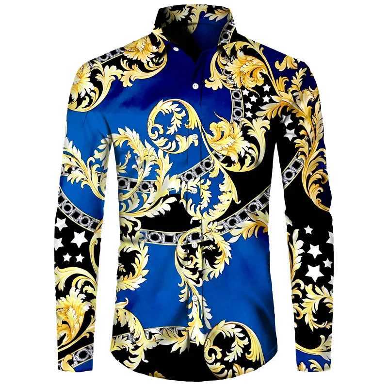 New 2024 Golden Flower Chain 3D Print Men Long Sleeve Shirt Casual Mens Designer Clothing Streetwear Lapel Button Shirts M260305