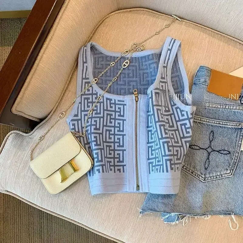 French Slim Sleeveless Knitted Ice Silk Top Trendy Fashion Round Neck Printed Short Vest Mdng260304
