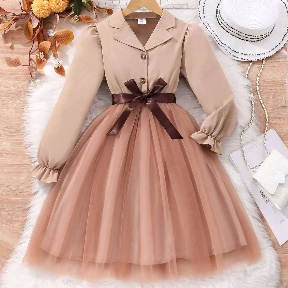 Girls' long sleeved lapel solid color mesh dress with woven waistband Z260304
