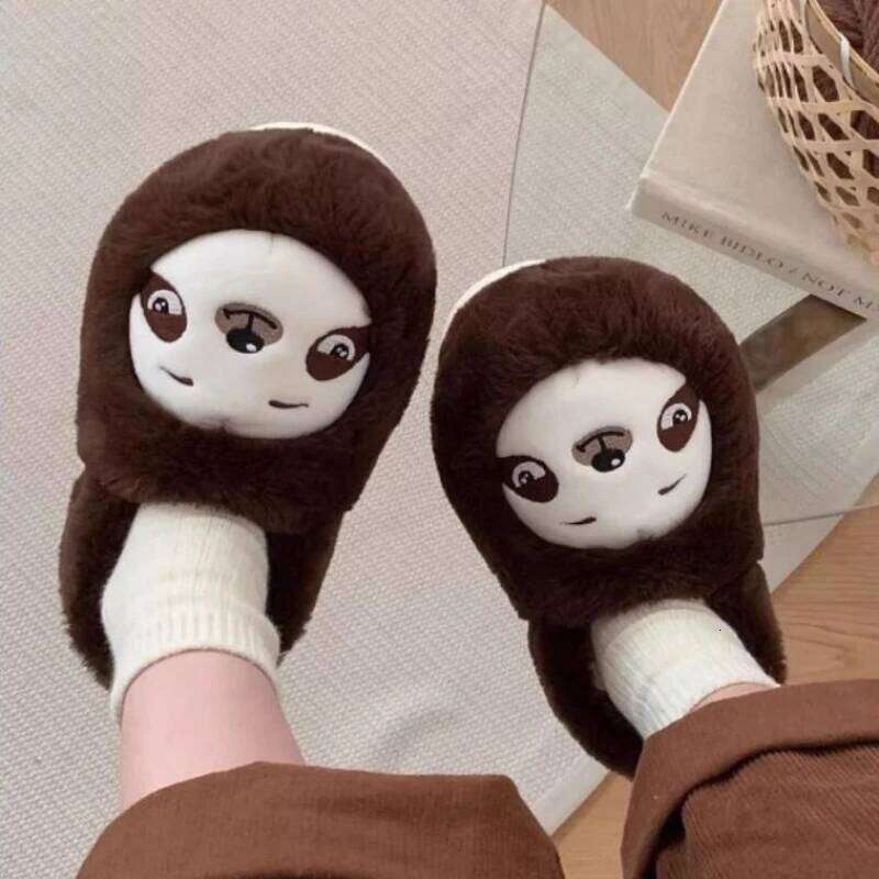 Indoor Cotton Slippers For Women Men Winter Warm Cute Cartoon Sloth Soft Plush Anti-slip Couples Home Floor Fluffy Shoes