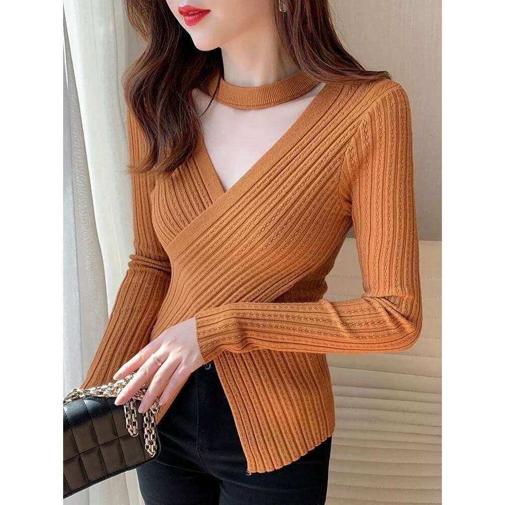 Sexy V neck White Sweaters Women Casual Long Sleeve Ladies Tops Slim Y2k Clothes Autumn Winter Korean Basic Knitwear Pullovers XJ260305