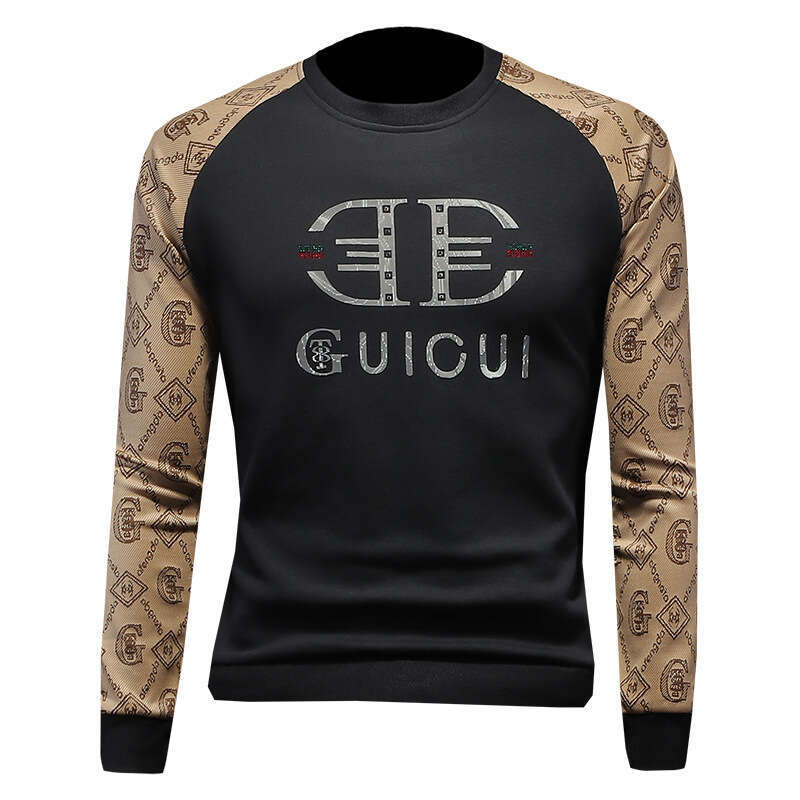 American European Autumn New Men's Round Neck Printed Sweatshirt Large Size High-End Luxury Patchwork Casual Base Shirt Trendy Luanyun