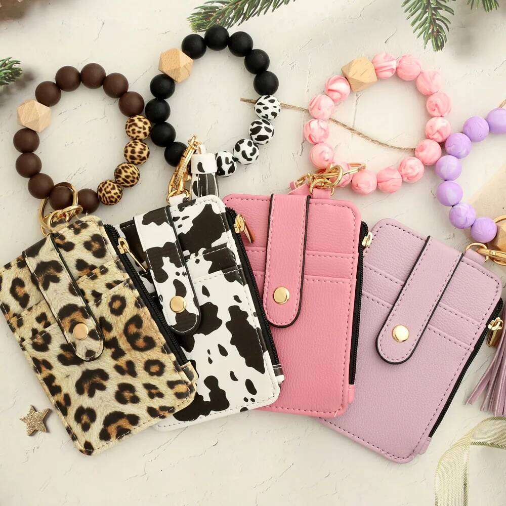 New Arrival PU ID Credit Wallet with Wristlet Bangle Silicone Bead Tassel Card Holder Leather Keychain C260304
