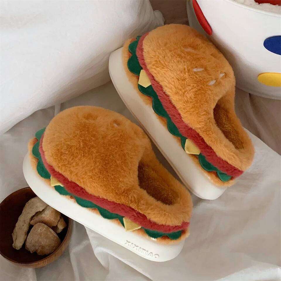Winter Warm Women's Slippers with Cute Cartoon Hamburger Print Soft Plush Thick Sole Indoor Floor Platform Shoes for Girls
