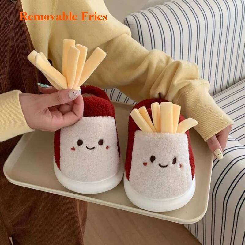 Cute French Fries Indoor Cotton Slippers For Women Men Autumn Winter House Shoes Soft Plush Anti-slip Couples Home Floor Slides