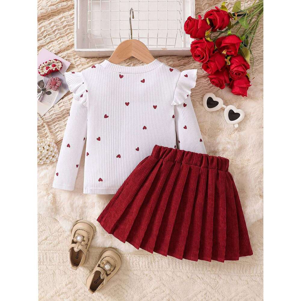 Kids 2PCS Spring New Style For Girls 1-6 Years Old Sweet And Lovely Love Pattern Top + Red Pleated Short Skirt With Bow Set Z260304